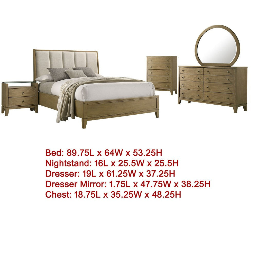 Heon 5pc Queen Bedroom Set | Beige Tufted Headboard | Natural Brown