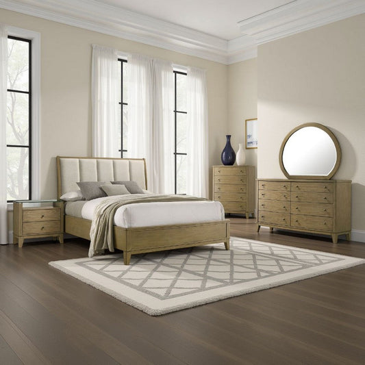 Heon 5pc Queen Bedroom Set | Beige Tufted Headboard | Natural Brown