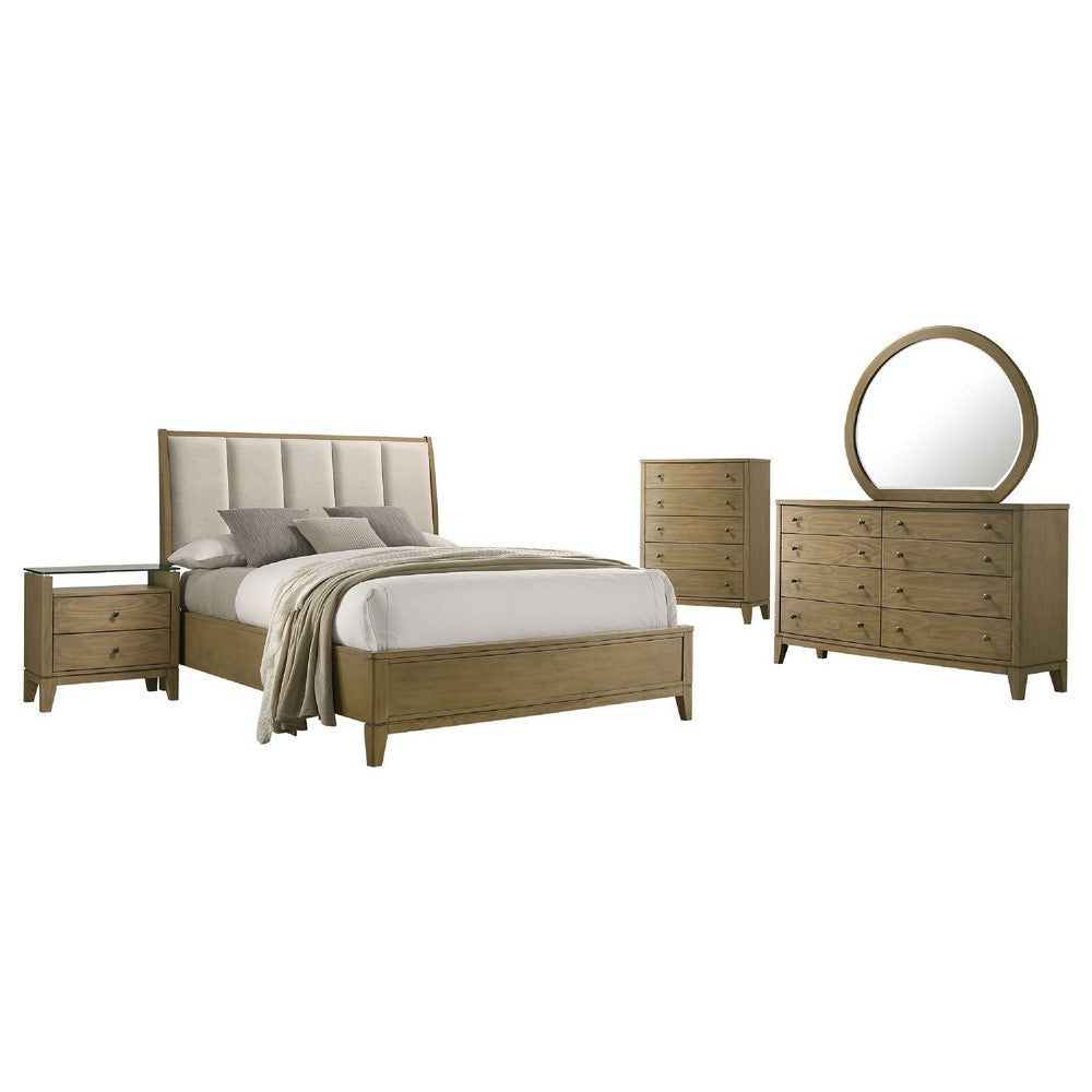 Heon 5pc Queen Bedroom Set | Beige Tufted Headboard | Natural Brown