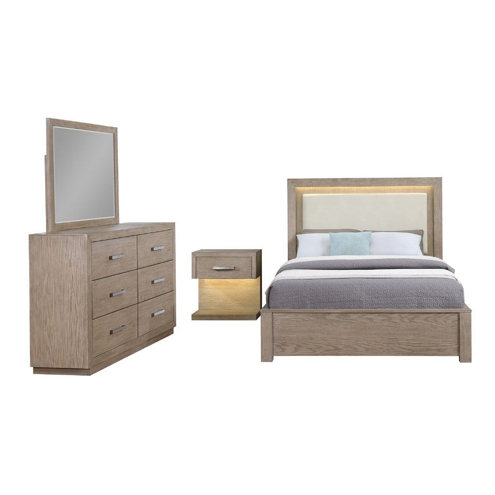 Keno 4pc Queen Bedroom Set | Underbed Storage LED | Beige Upholstered