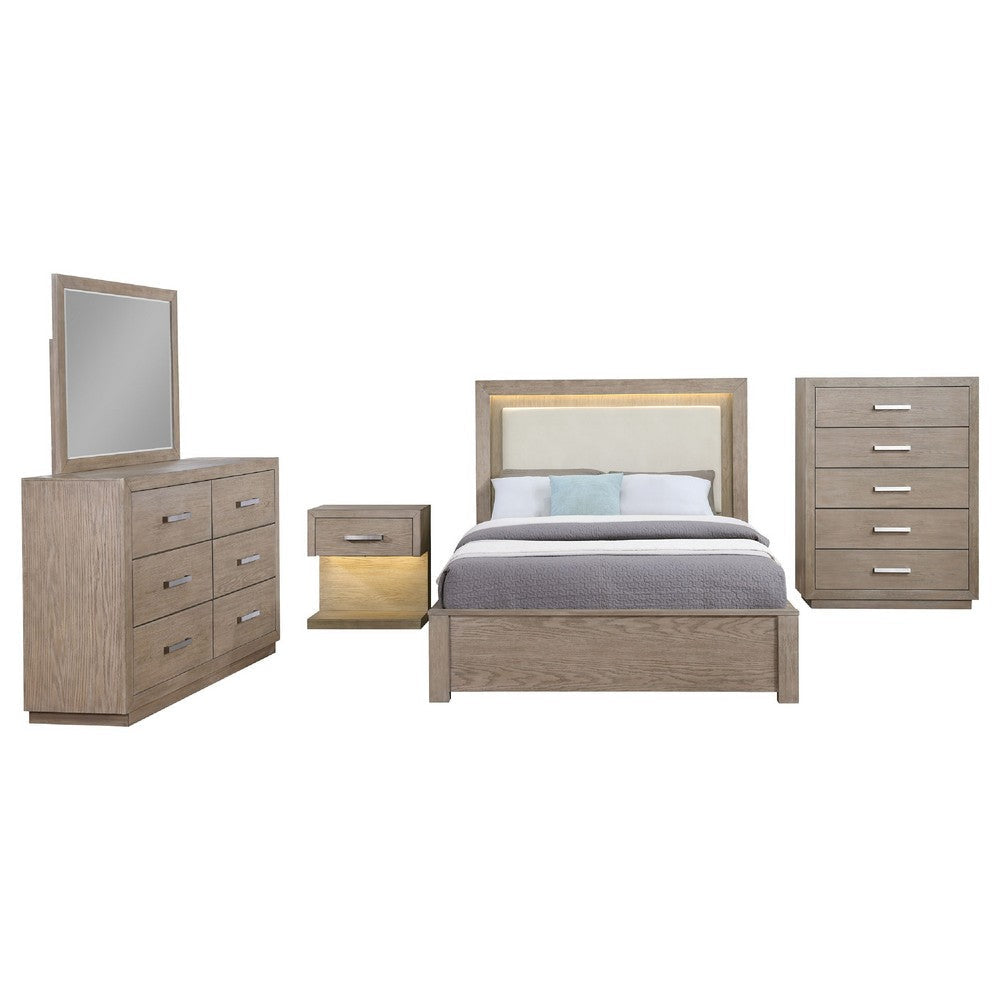 Keno 5pc Queen Bedroom Set | Underbed Storage LED | Beige Upholstered