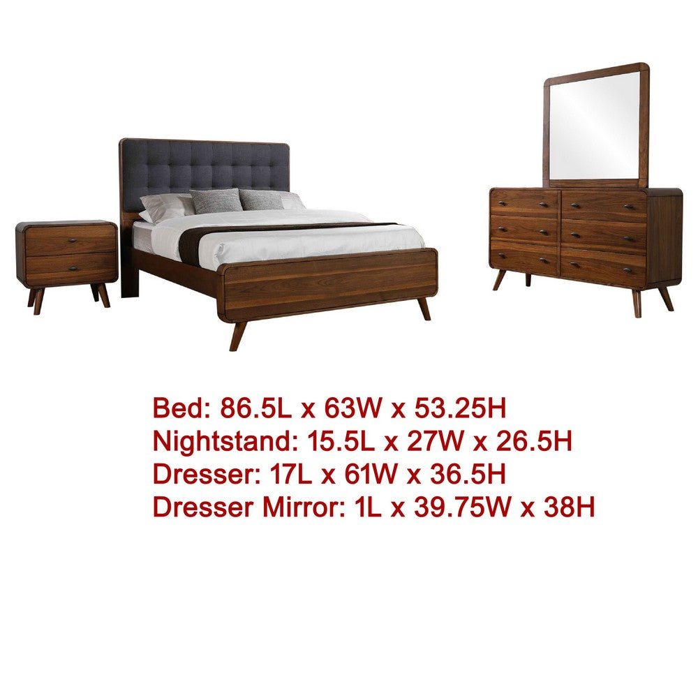 Ryb 4pc Bedroom Set w Queen Bed | Walnut Brown | Dark Gray Upholstery