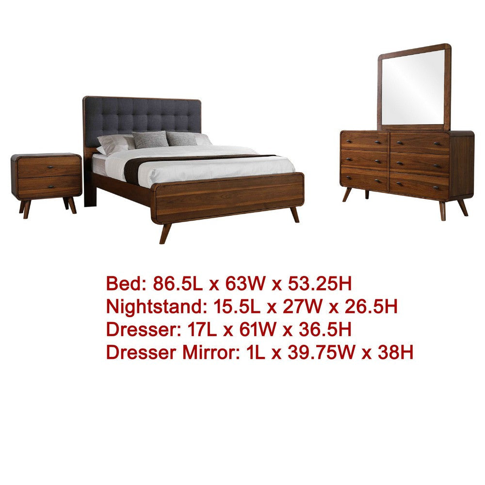 Ryb 4pc Bedroom Set w Queen Bed | Walnut Brown | Dark Gray Upholstery