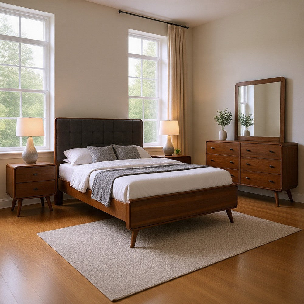 Ryb 4pc Bedroom Set w Queen Bed | Walnut Brown | Dark Gray Upholstery