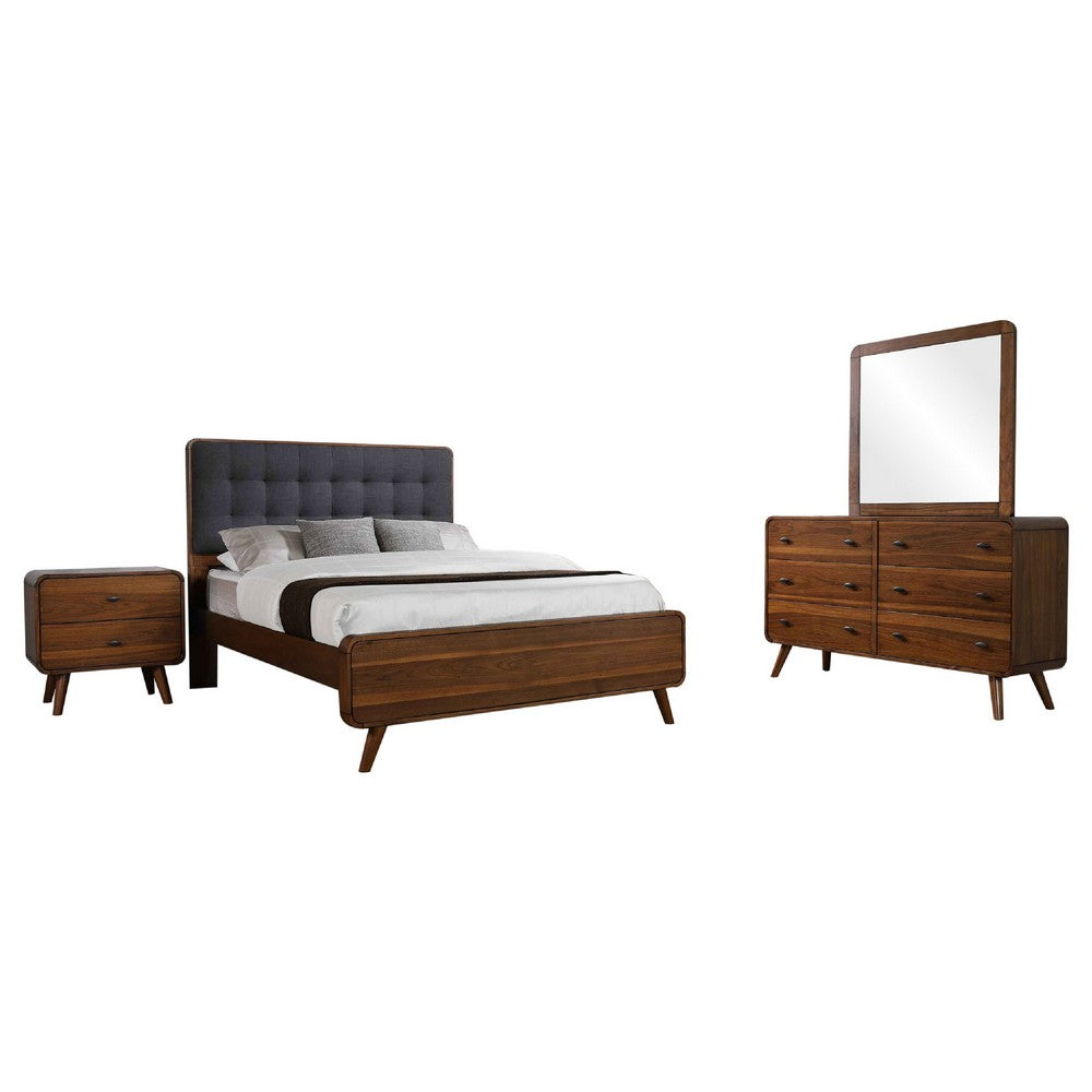 Ryb 4pc Bedroom Set w Queen Bed | Walnut Brown | Dark Gray Upholstery