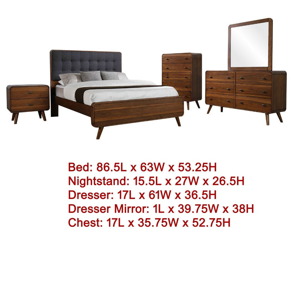 Ryb 5pc Bedroom Set w Queen Bed | Walnut Brown | Dark Gray Upholstery