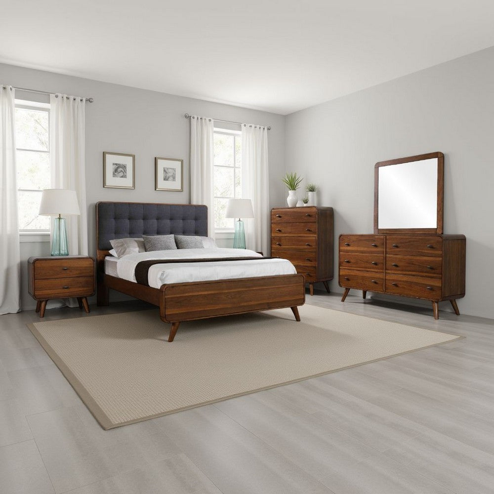 Ryb 5pc Bedroom Set w Queen Bed | Walnut Brown | Dark Gray Upholstery