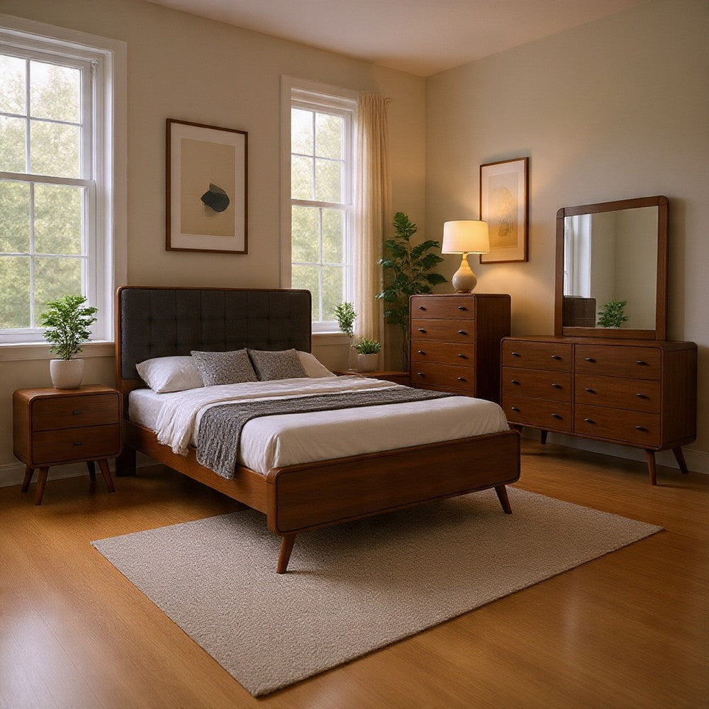 Ryb 5pc Bedroom Set w Queen Bed | Walnut Brown | Dark Gray Upholstery