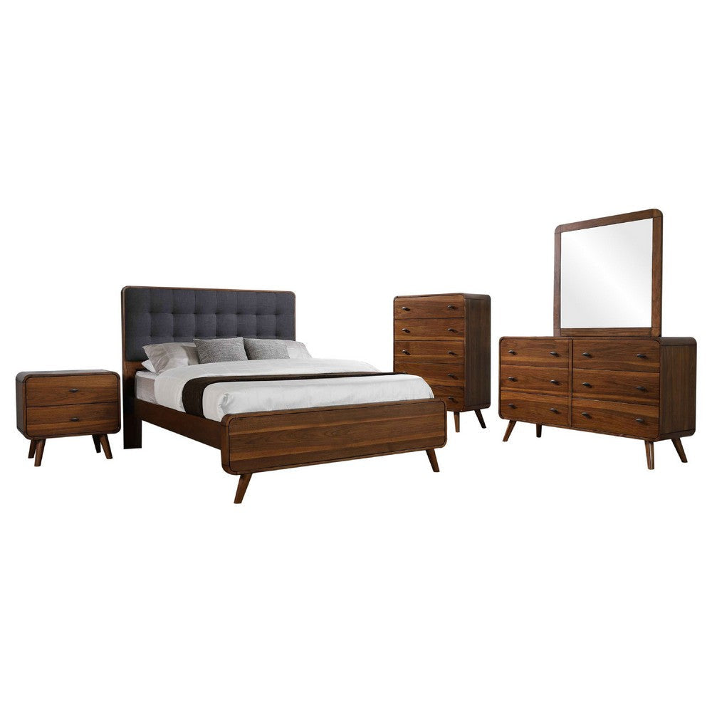 Ryb 5pc Bedroom Set w Queen Bed | Walnut Brown | Dark Gray Upholstery