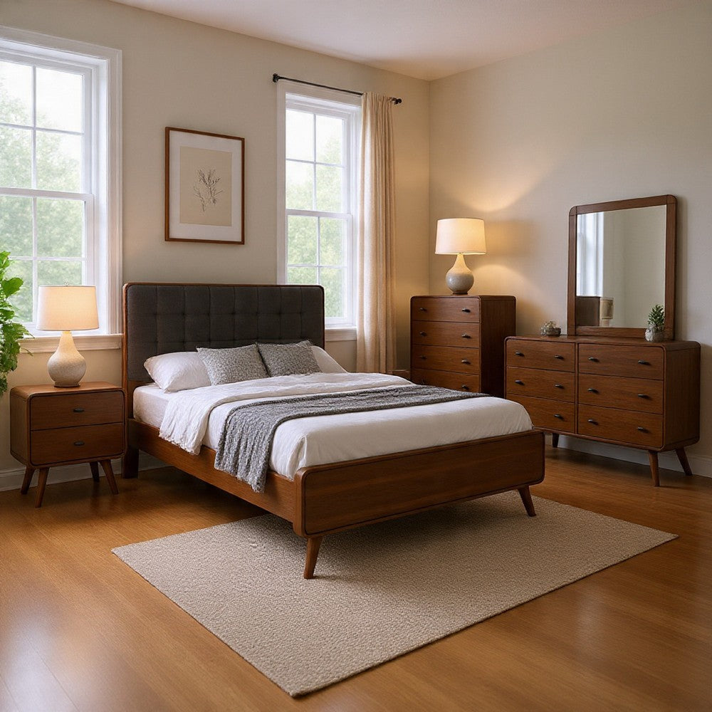 Ryb 5pc Bedroom Set w Queen Bed | Walnut Brown | Dark Gray Upholstery