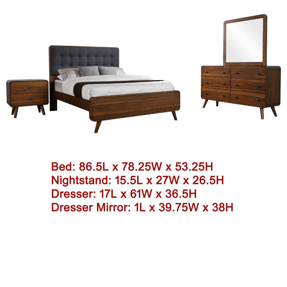 Ryb 4pc Bedroom Set w King Bed | Walnut Brown | Dark Gray Upholstery