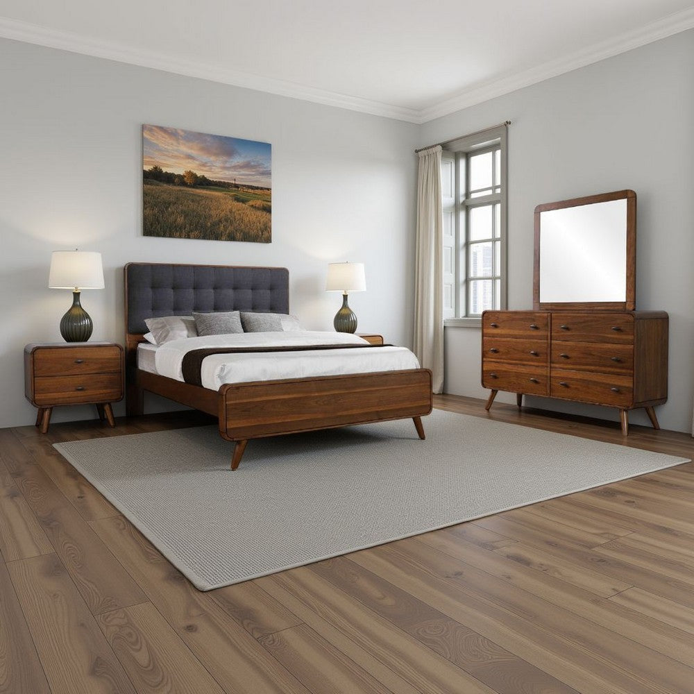 Ryb 4pc Bedroom Set w King Bed | Walnut Brown | Dark Gray Upholstery