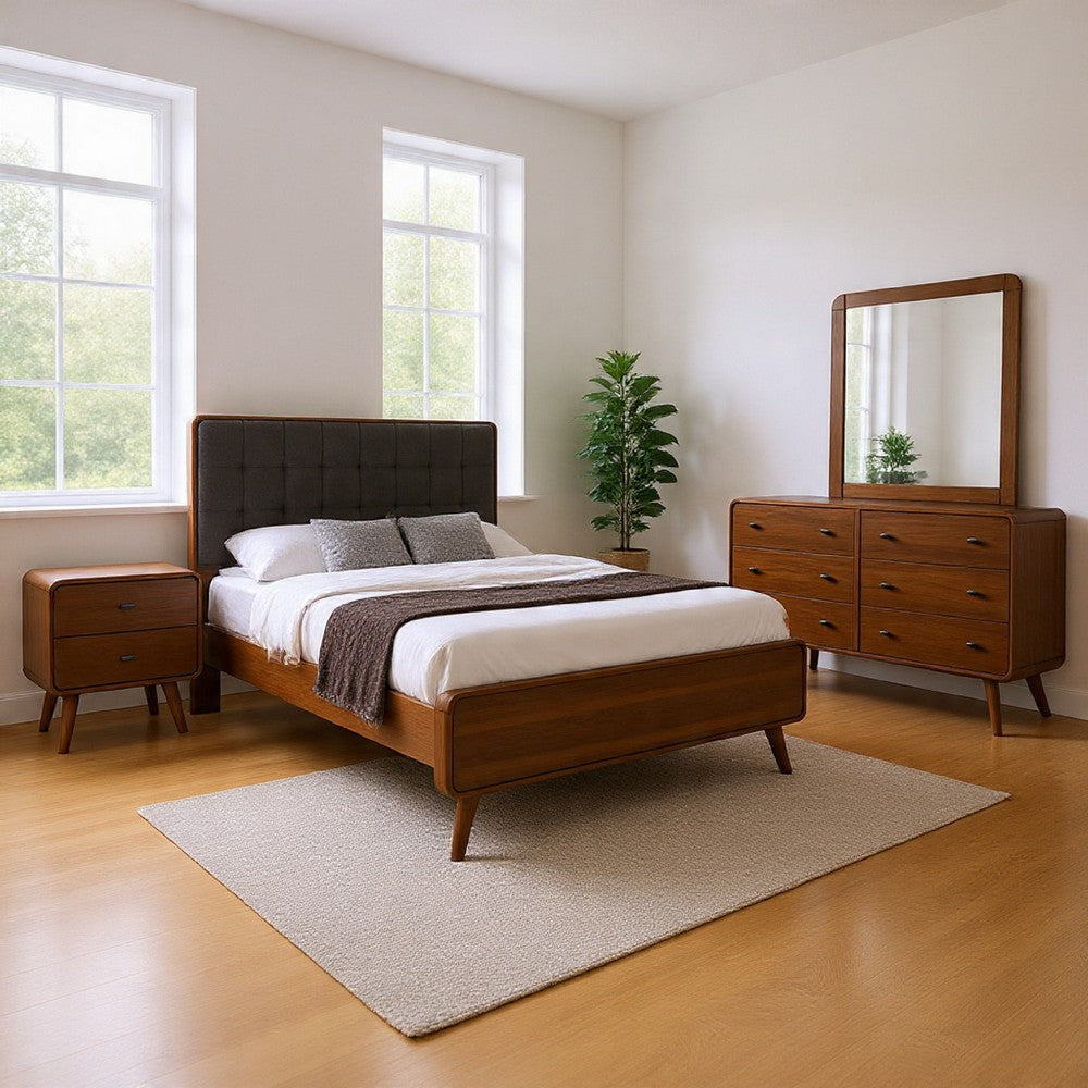 Ryb 4pc Bedroom Set w King Bed | Walnut Brown | Dark Gray Upholstery