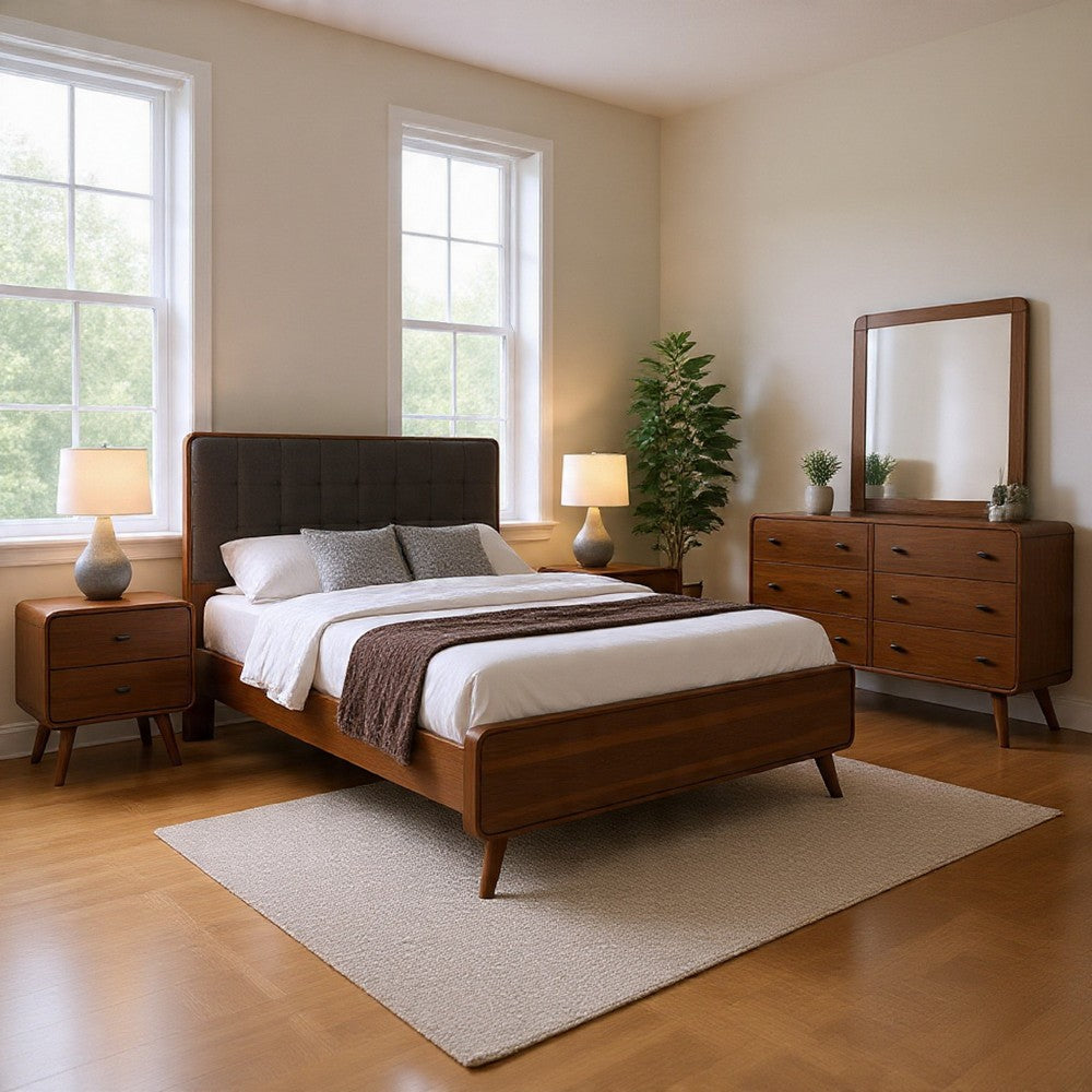 Ryb 5pc Bedroom Set w King Bed | Walnut Brown | Dark Gray Upholstery