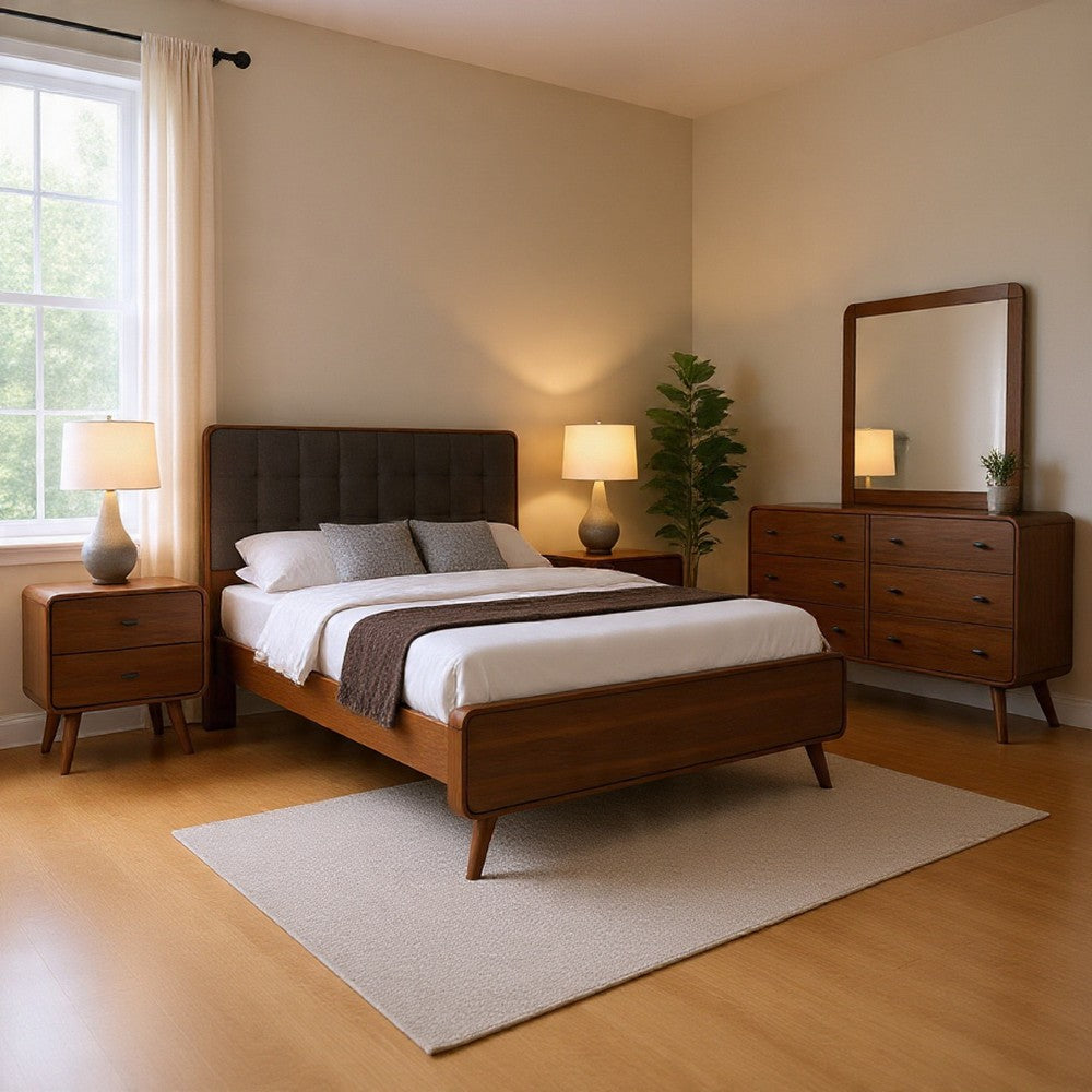 Ryb 4pc Bedroom Set w Cal King | Walnut Brown | Dark Gray Upholstery