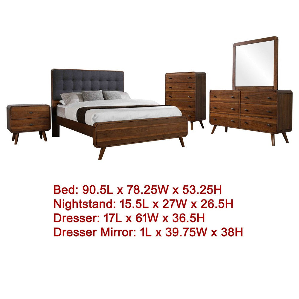 Ryb 5pc Bedroom Set w Cal King | Walnut Brown | Dark Gray Upholstery