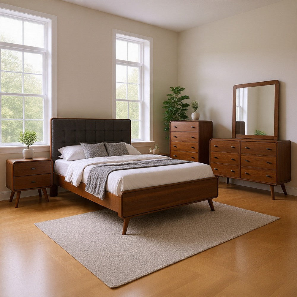 Ryb 5pc Bedroom Set w Cal King | Walnut Brown | Dark Gray Upholstery
