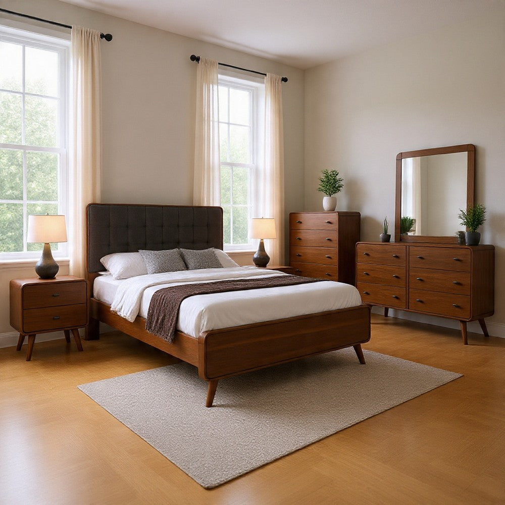 Ryb 5pc Bedroom Set w Cal King | Walnut Brown | Dark Gray Upholstery