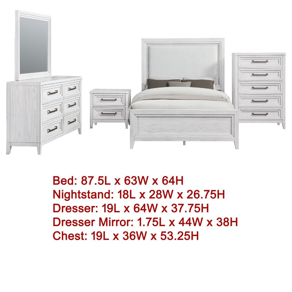 Leva 5pc Queen Bed Set | Dresser Chest and Mirror | Distressed White