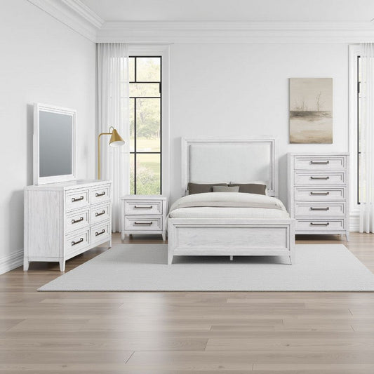 Leva 5pc Queen Bed Set | Dresser Chest and Mirror | Distressed White
