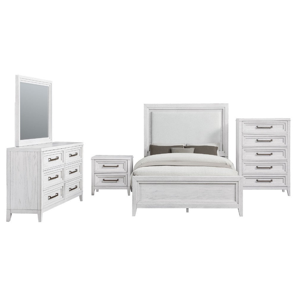 Leva 5pc Queen Bed Set | Dresser Chest and Mirror | Distressed White