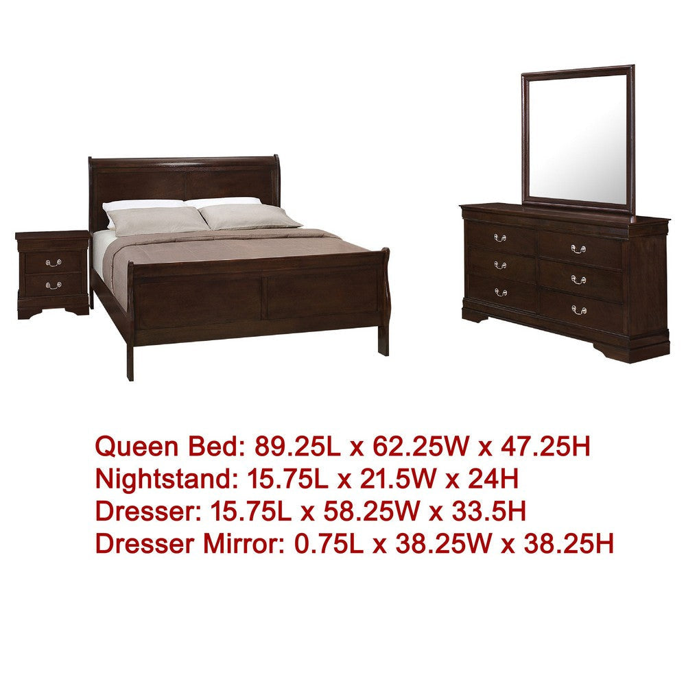 Nim 4pc Queen Sleigh Bedroom Set | Nickel Drop Handles | Dark Brown