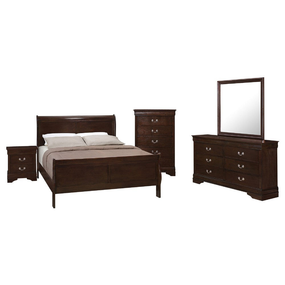 Nim 5pc Queen Sleigh Bedroom Set | Nickel Drop Handles | Dark Brown
