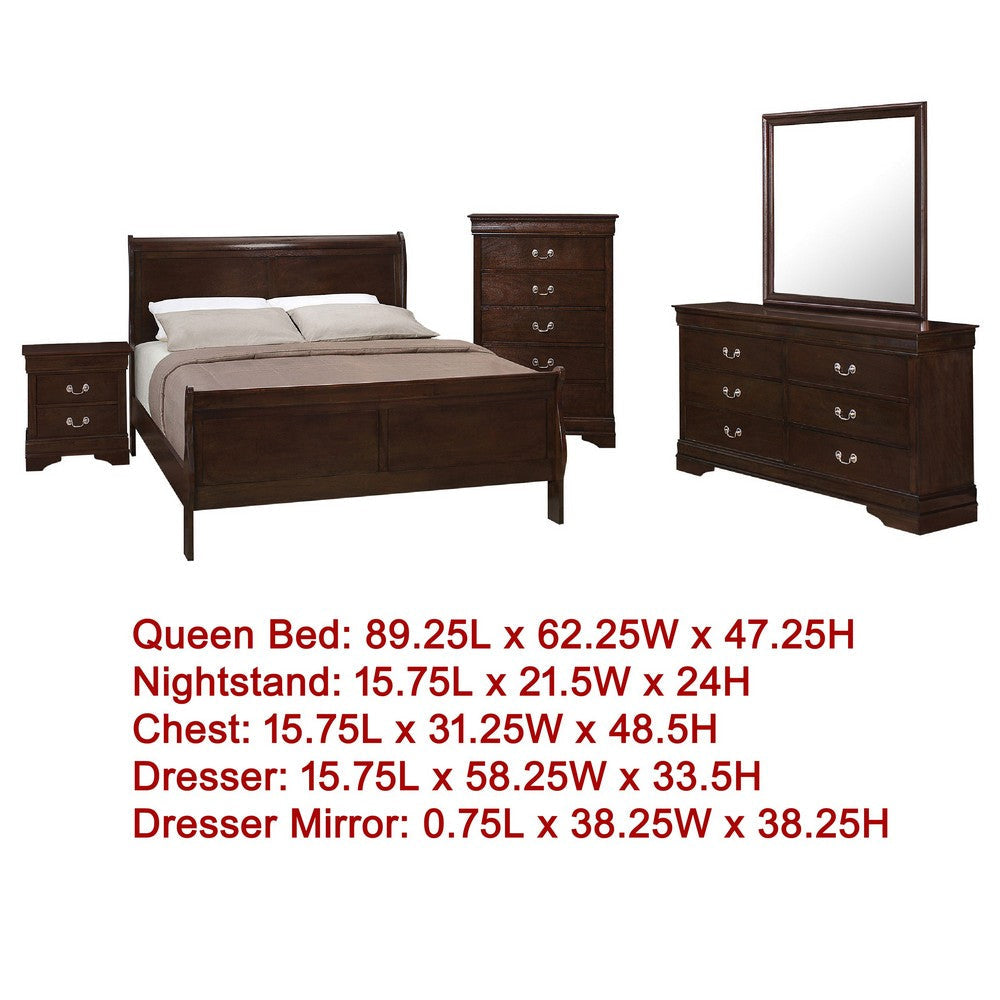 Nim 5pc Queen Sleigh Bedroom Set | Nickel Drop Handles | Dark Brown