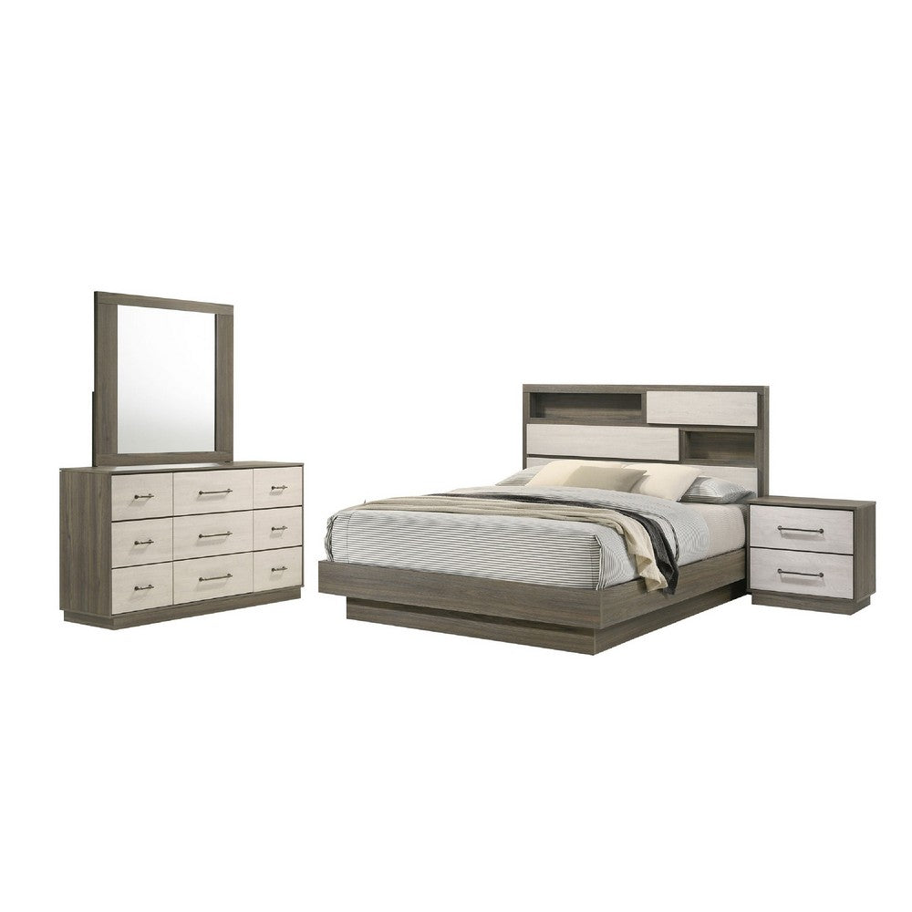 Fene 4pc Queen Bedroom Set | Gray | Brown | Headboard Bookcase