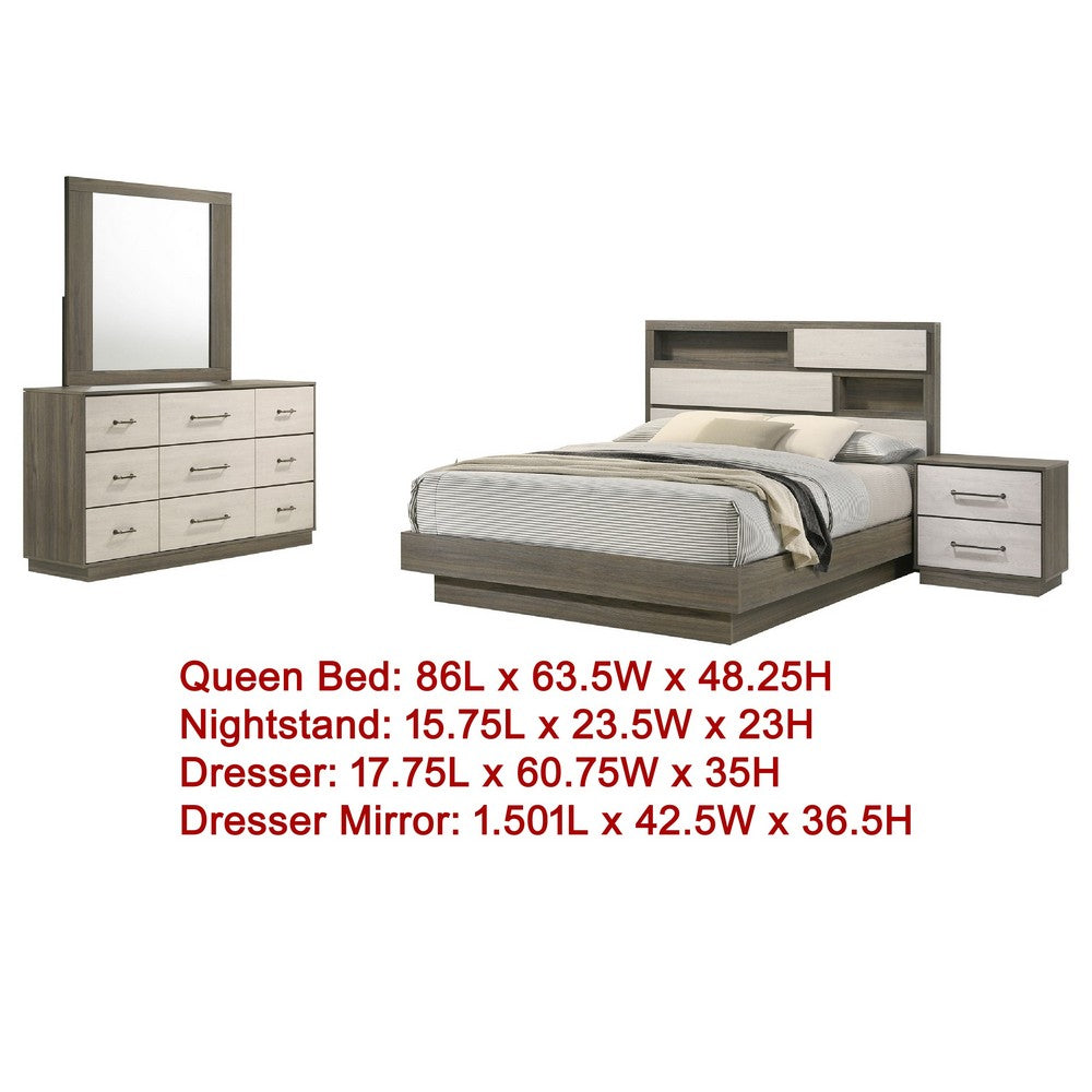 Fene 4pc Queen Bedroom Set | Gray | Brown | Headboard Bookcase