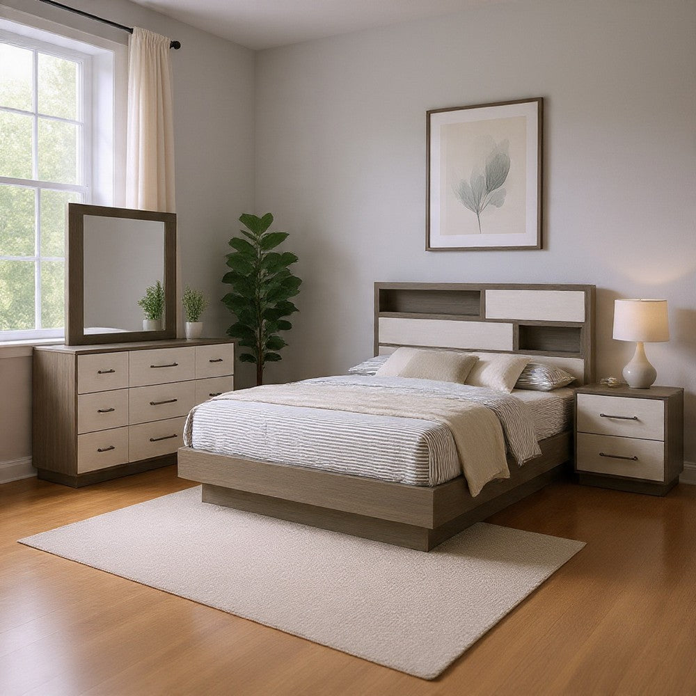 Fene 4pc Queen Bedroom Set | Gray | Brown | Headboard Bookcase