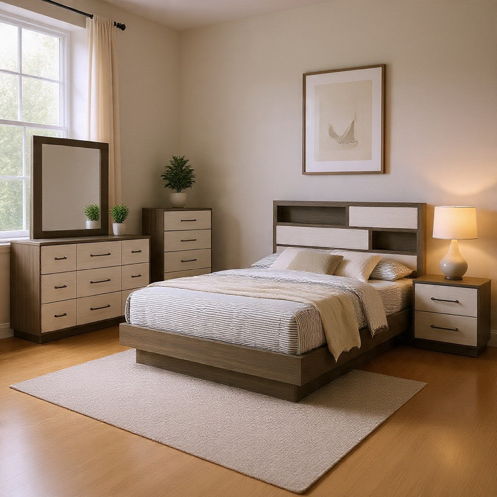 Fene 5pc Queen Bedroom Set | Gray | Brown | Headboard Bookcase