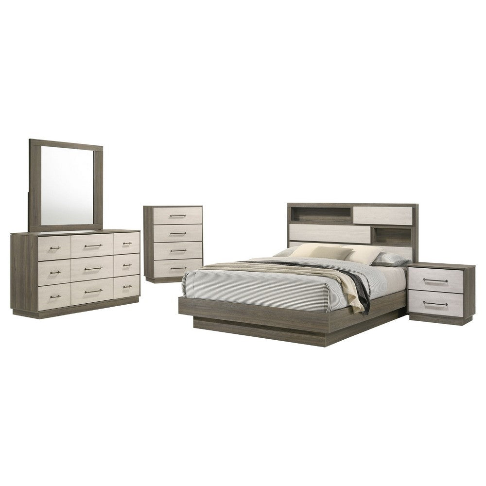 Fene 5pc Queen Bedroom Set | Gray | Brown | Headboard Bookcase