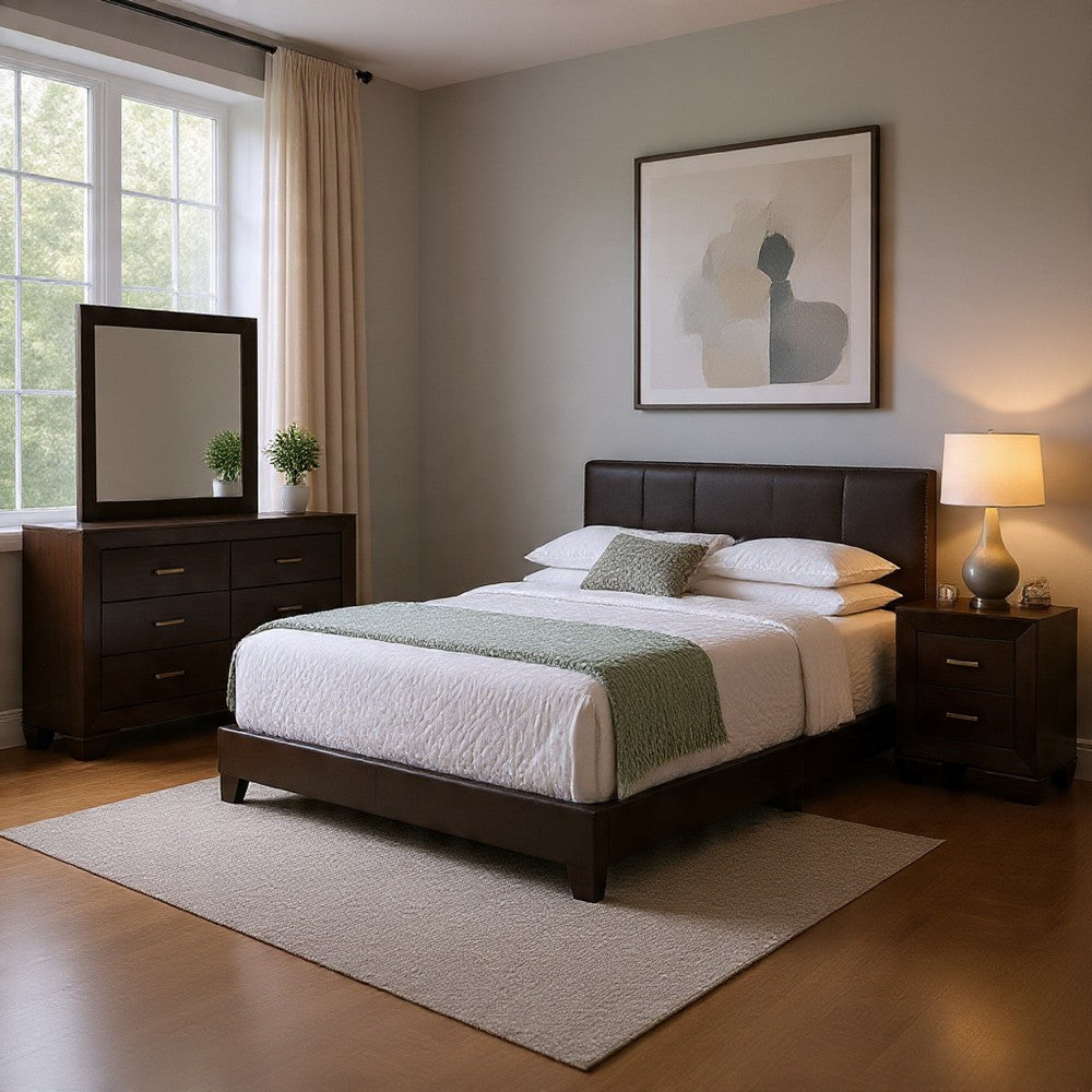 Desy 4pc Queen Size Bedroom Set | Extra Dark Cocoa Brown Faux Leather