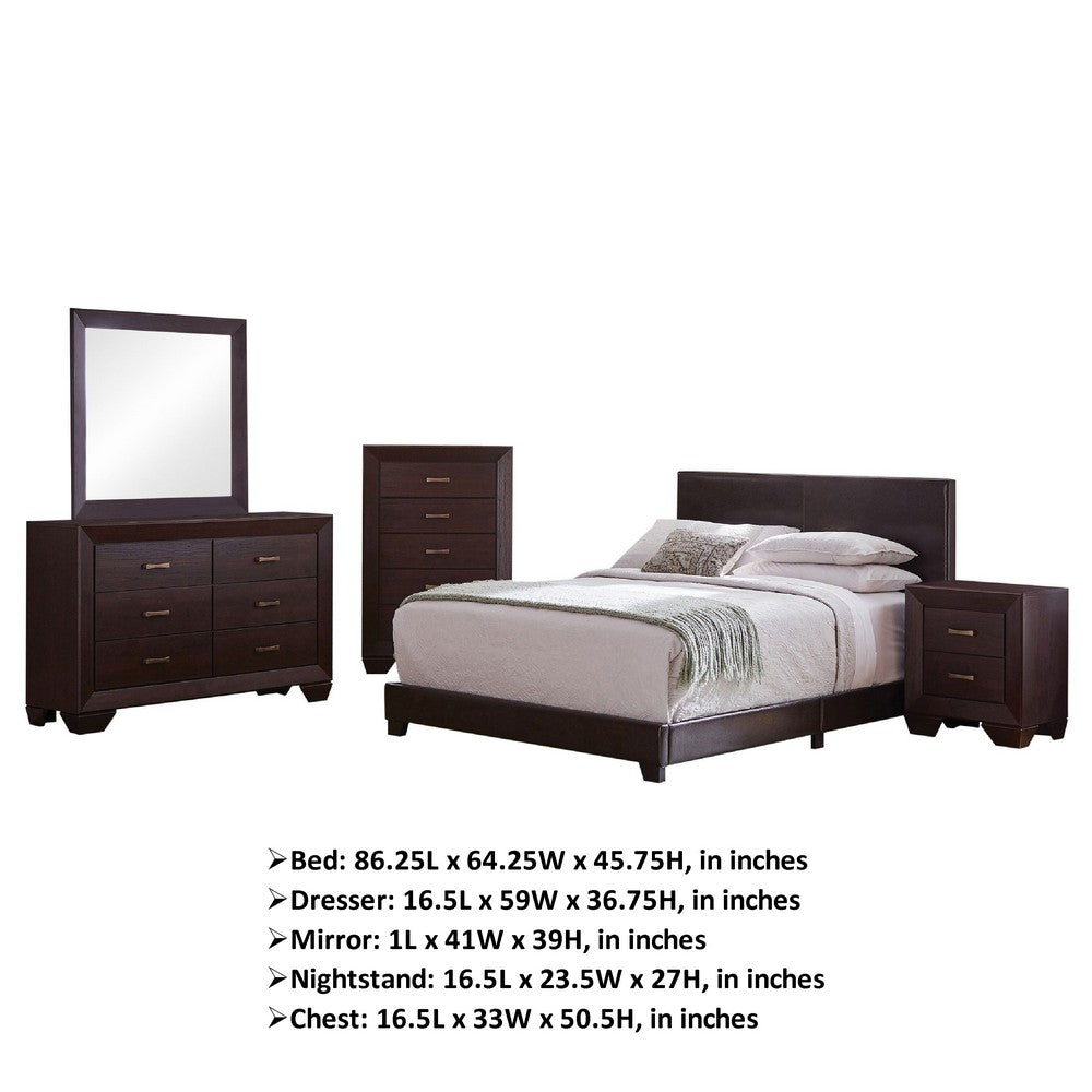 Desy 5pc Queen Size Bedroom Set | Extra Dark Cocoa Brown Faux Leather