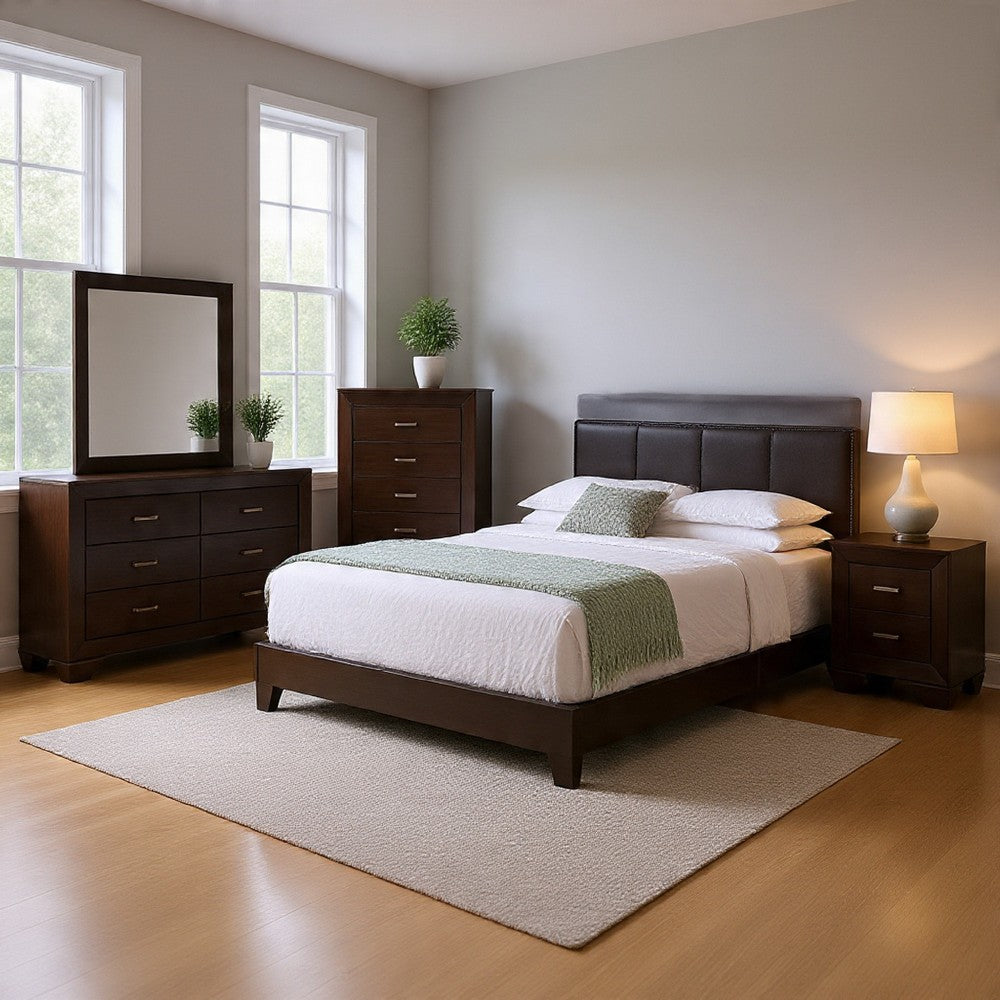 Desy 5pc Queen Size Bedroom Set | Extra Dark Cocoa Brown Faux Leather