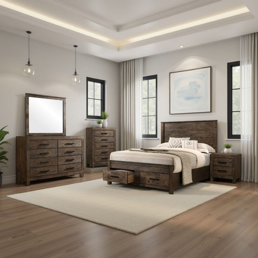 Frio 5pc Queen Bedroom Set with Footboard Storage | Rustic Gold Brown