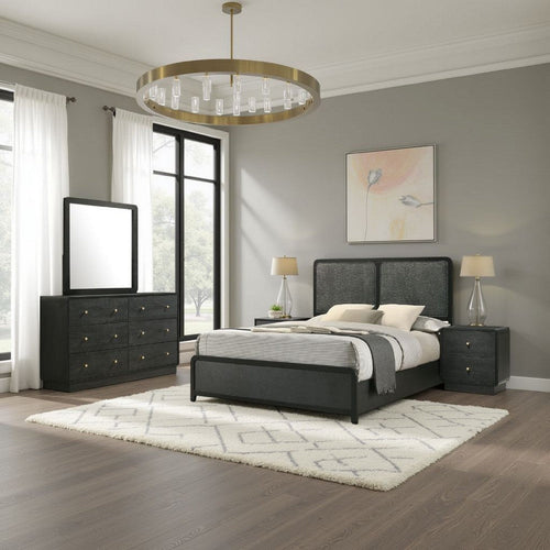 Cavy 4pc Queen Bedroom Set | Charcoal Gray Upholstery | Gold