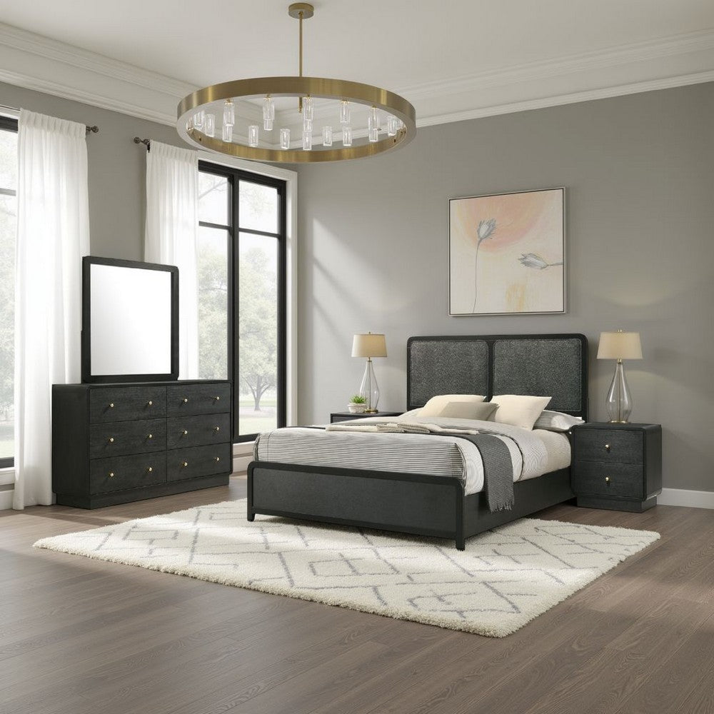 Cavy 4pc Queen Bedroom Set | Charcoal Gray Upholstery | Gold
