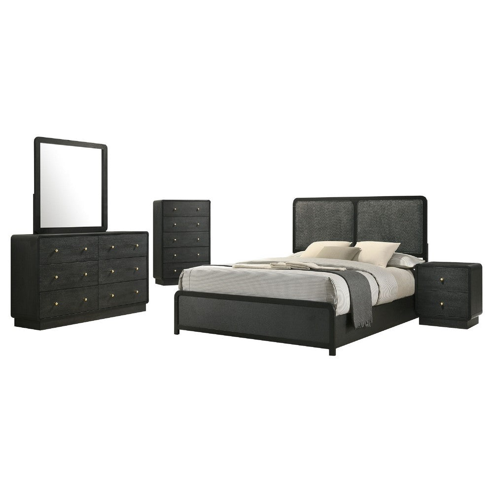 Cavy 5pc Queen Bedroom Set | Charcoal Gray Upholstery | Gold