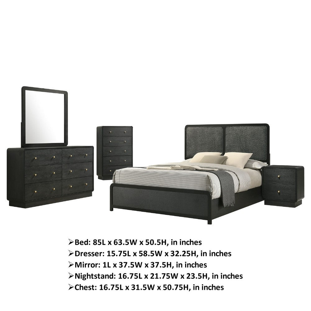 Cavy 5pc Queen Bedroom Set | Charcoal Gray Upholstery | Gold