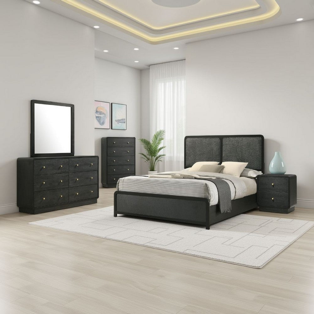 Cavy 5pc Queen Bedroom Set | Charcoal Gray Upholstery | Gold