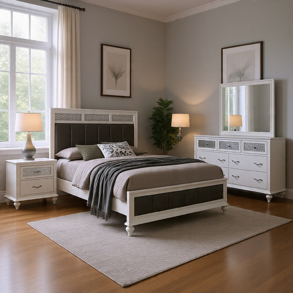 Dini 4pc Queen Bedroom Set | Gray Faux Leather Grid Upholstery | White