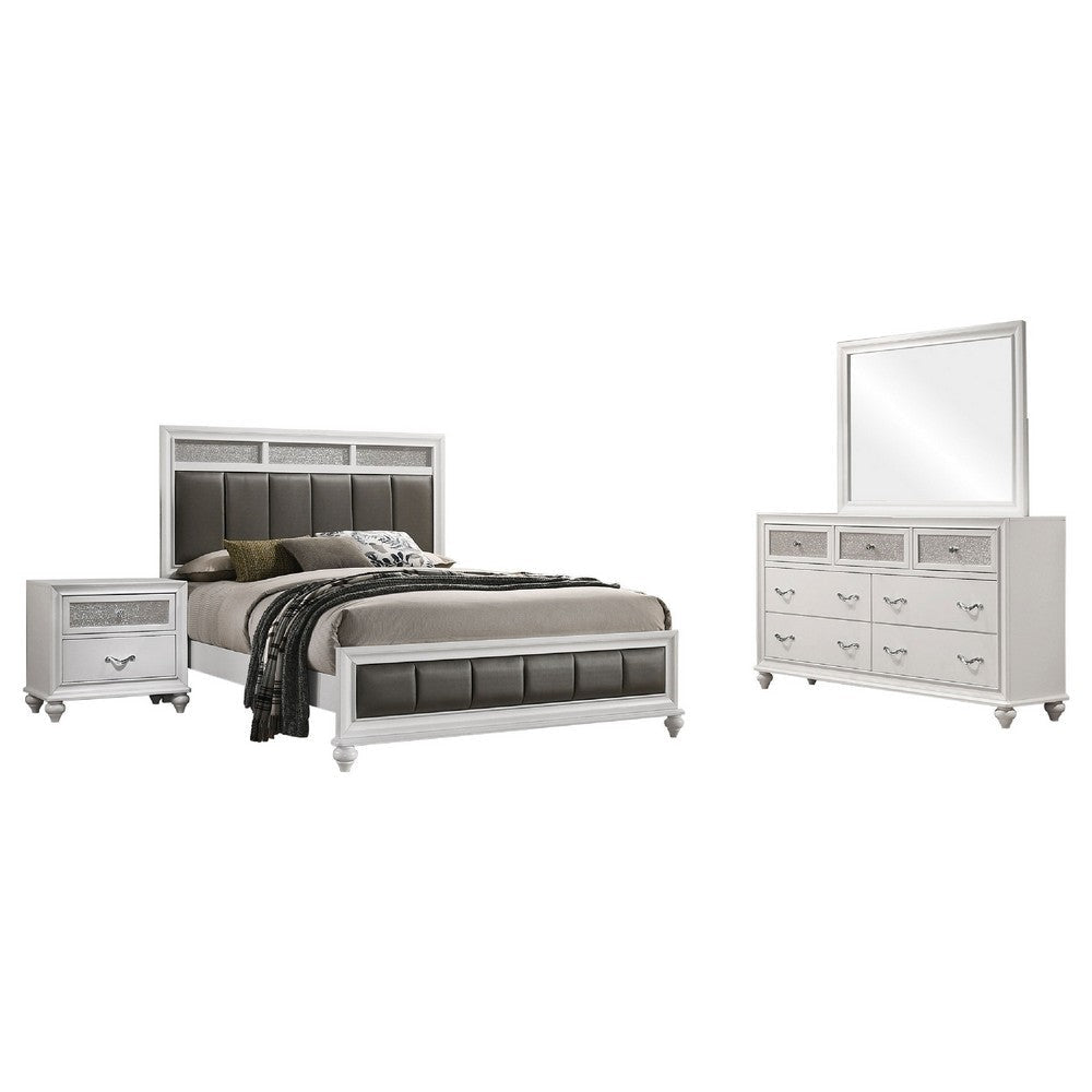 Dini 4pc Queen Bedroom Set | Gray Faux Leather Grid Upholstery | White