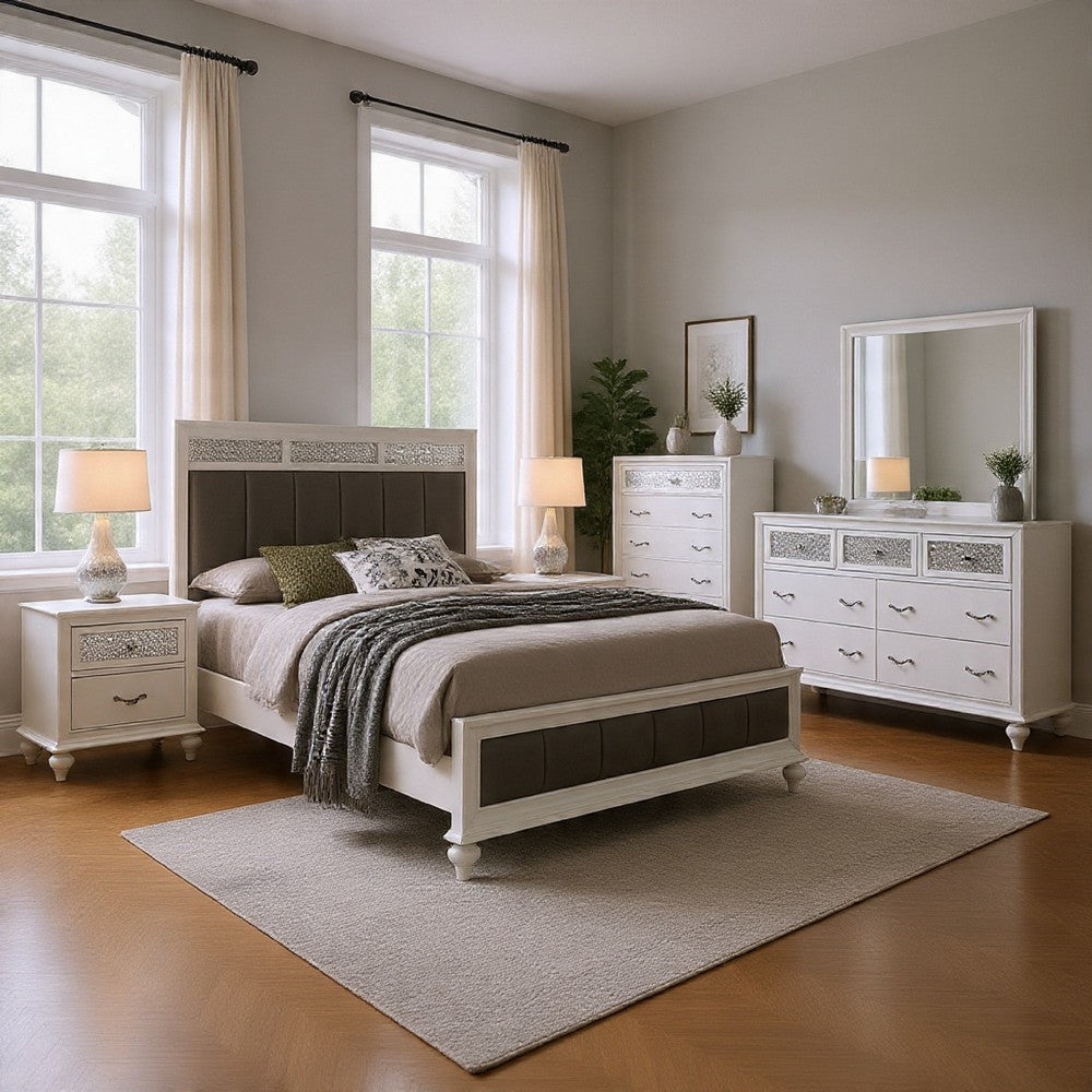 Dini 5pc Queen Bedroom Set | Gray Faux Leather Grid Upholstery | White