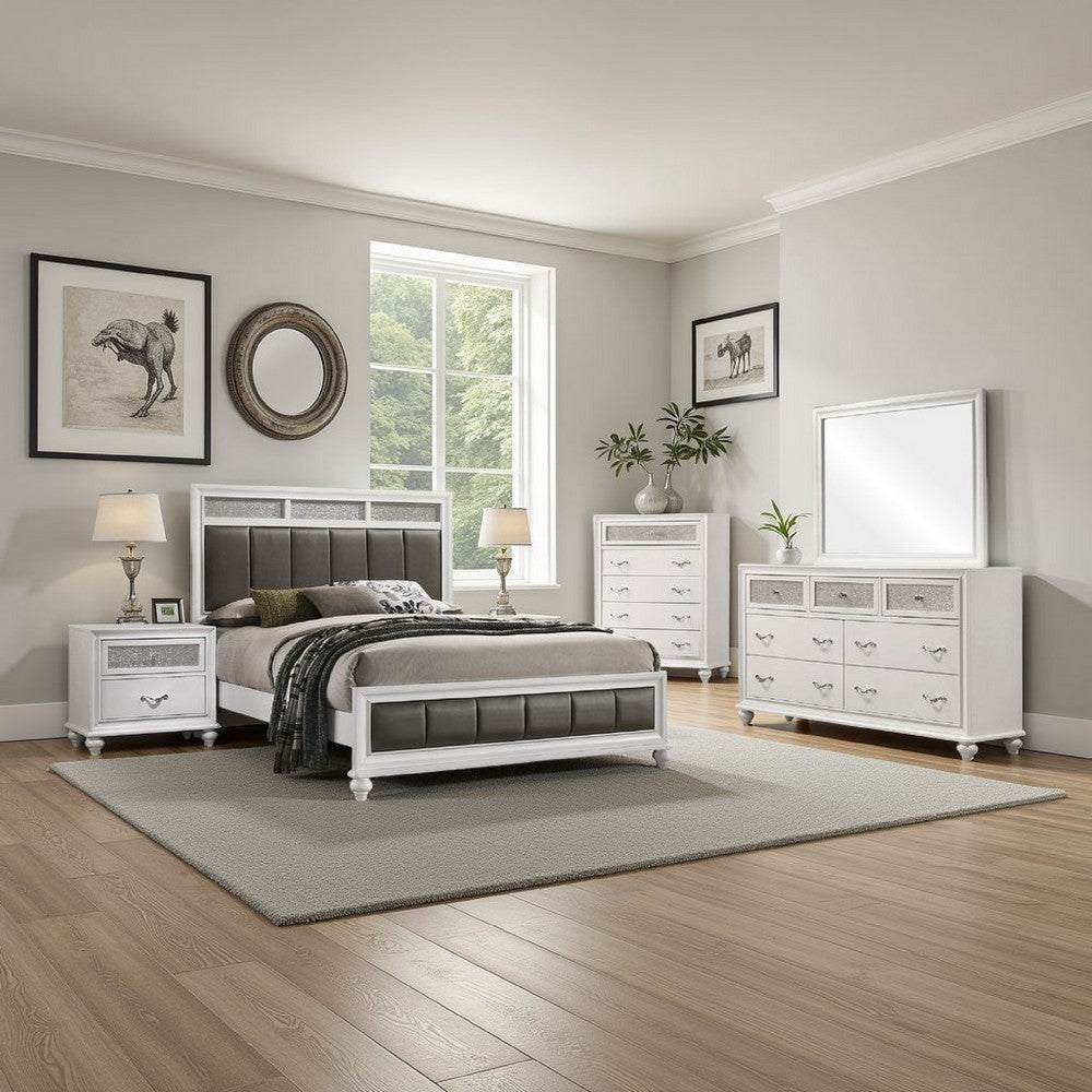 Dini 5pc Queen Bedroom Set | Gray Faux Leather Grid Upholstery | White