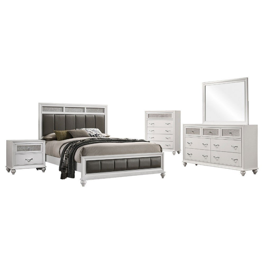 Dini 5pc Queen Bedroom Set | Gray Faux Leather Grid Upholstery | White