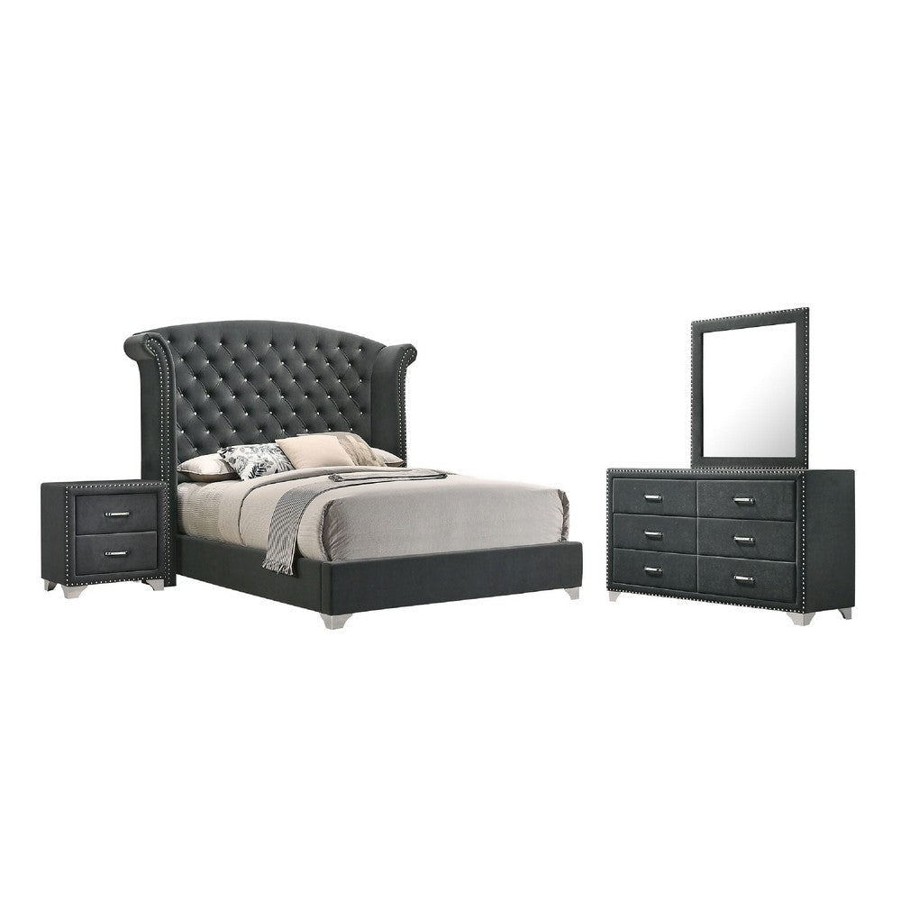 Giya 4pc Queen Bedroom Set | Rich Tufted Dark Gray Velvet Upholstery