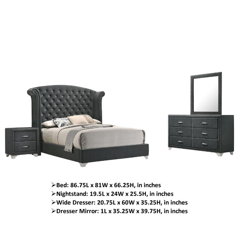 Giya 4pc Queen Bedroom Set | Rich Tufted Dark Gray Velvet Upholstery