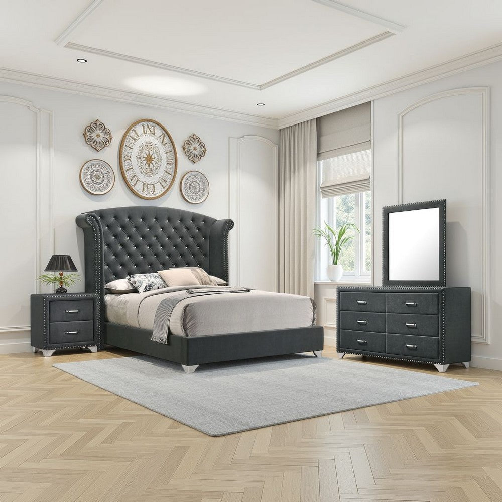 Giya 4pc Queen Bedroom Set | Rich Tufted Dark Gray Velvet Upholstery
